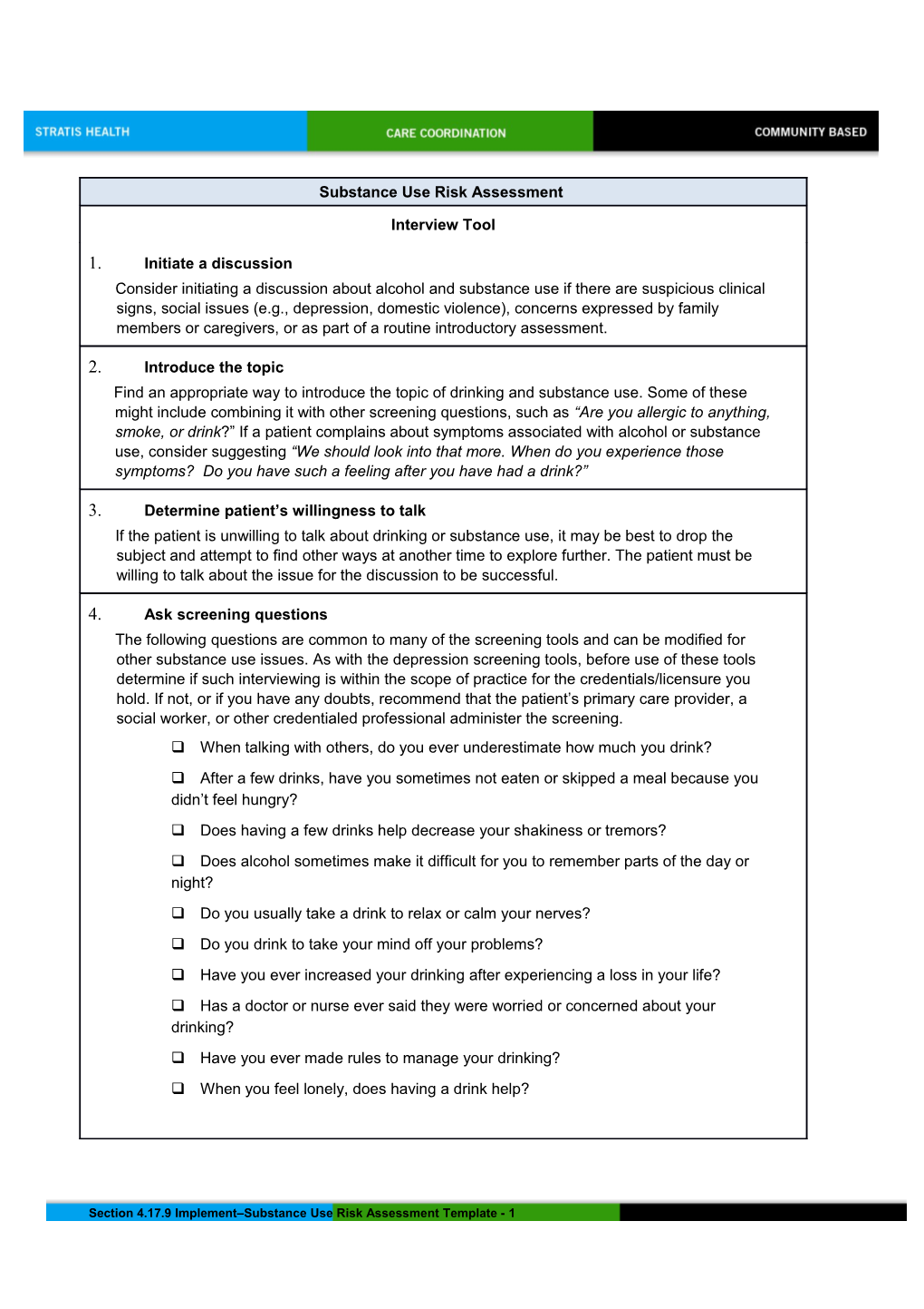 Substance Use Risk Assessment Template