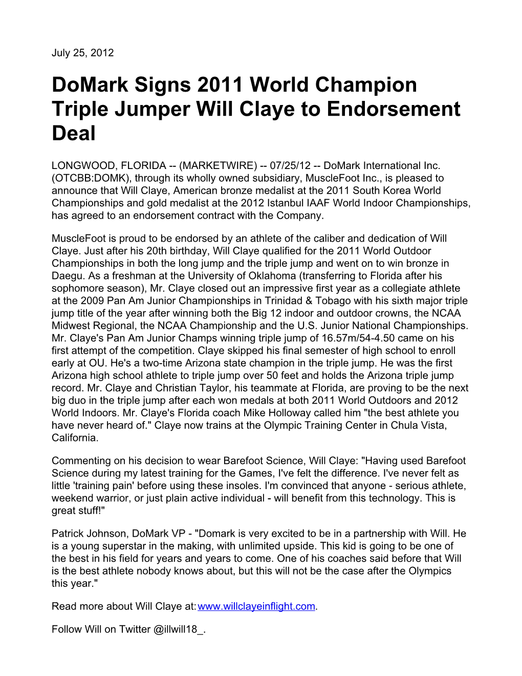 Domark Signs 2011 World Champion Triple Jumper Will Claye to Endorsement Deal