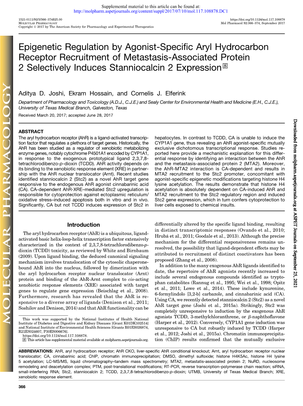 Epigenetic Regulation by Agonist-Specific Aryl Hydrocarbon Receptor Recruitment of Metastasis-Associated Protein 2 Selectively Induces Stanniocalcin 2 Expression S