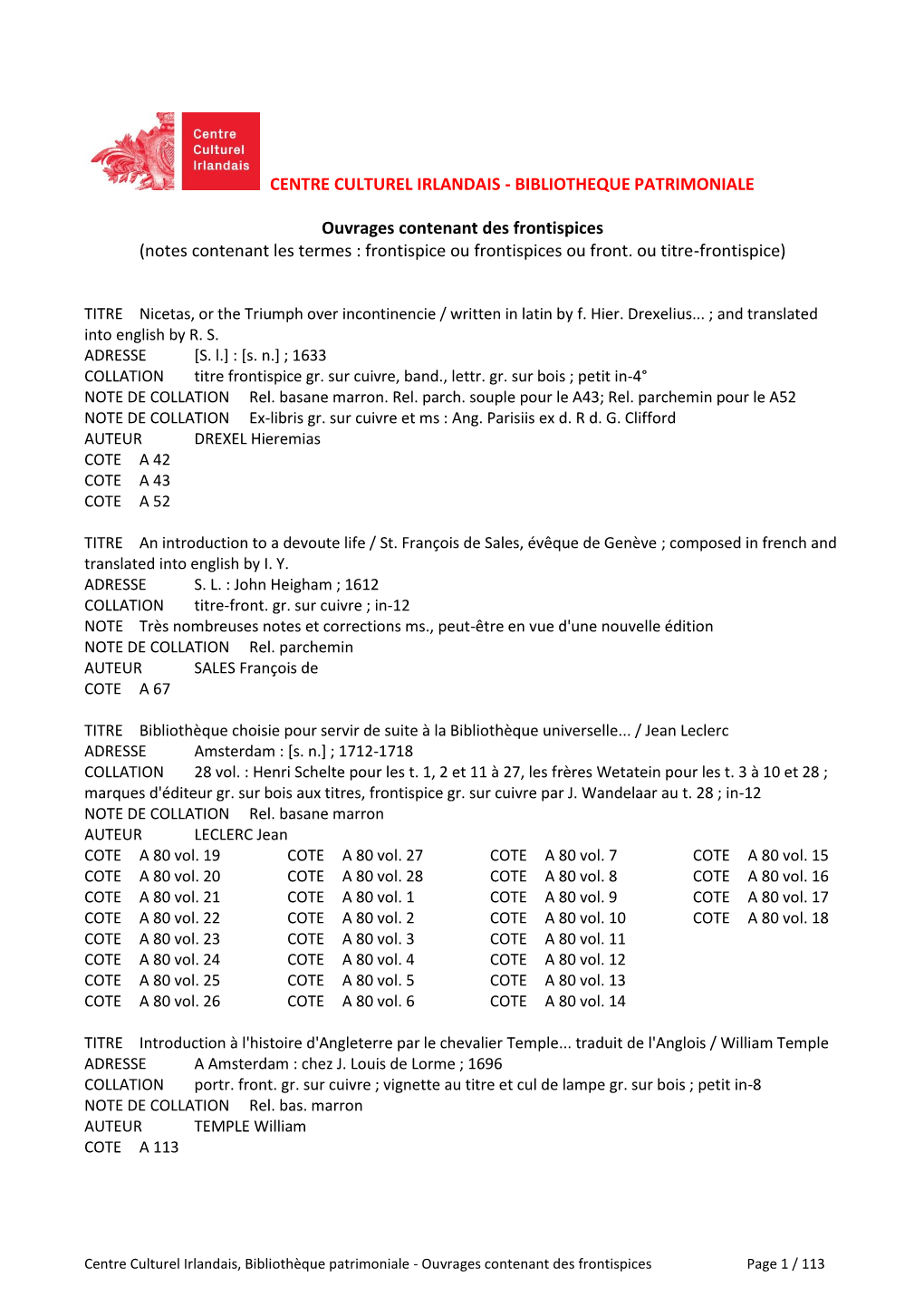 BIBLIOTHEQUE PATRIMONIALE Ouvrages Contenant Des Frontispices