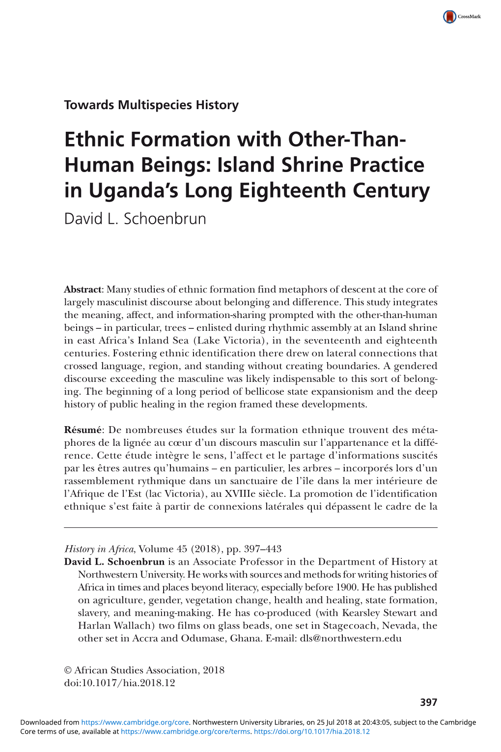 Ethnic Formation with Other-Than- Human Beings: Island Shrine Practice in Uganda’S Long Eighteenth Century David L