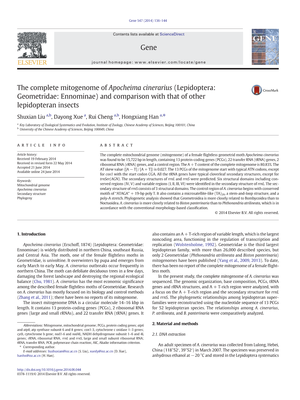 The Complete Mitogenome of Apocheima Cinerarius (Lepidoptera: Geometridae: Ennominae) and Comparison with That of Other Lepidopteran Insects