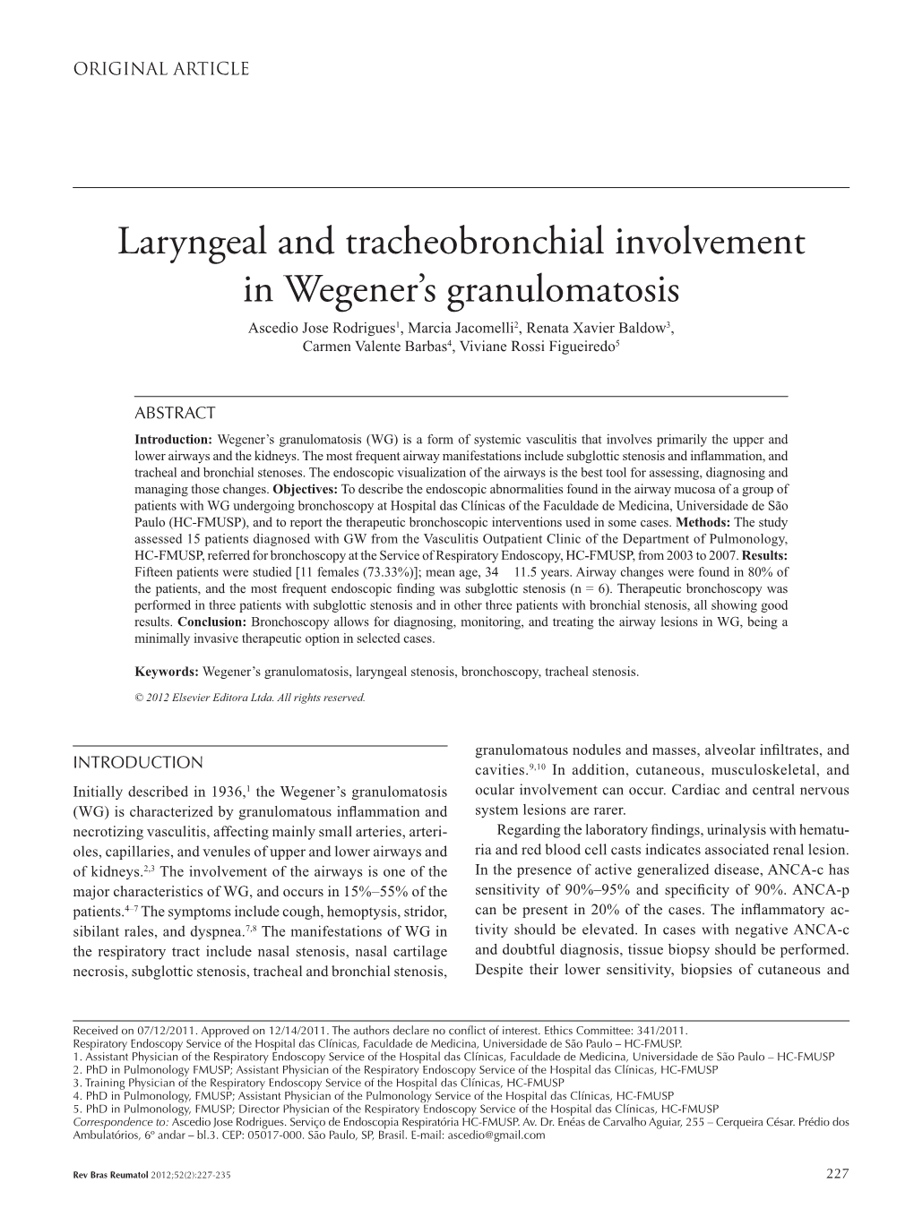 Laryngeal and Tracheobronchial Involvement in Wegener's
