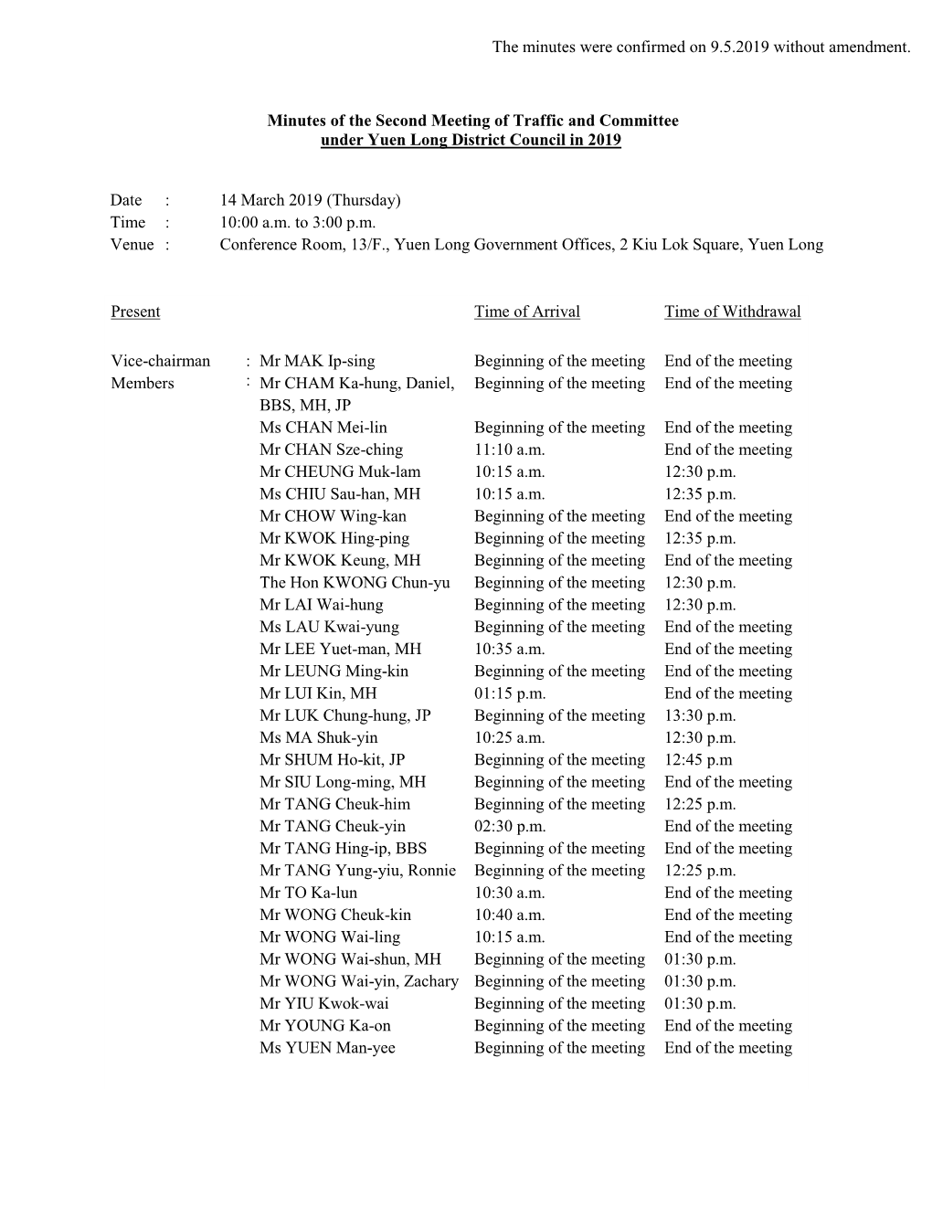 Minutes of the Second Meeting of Traffic and Committee Under Yuen Long District Council in 2019