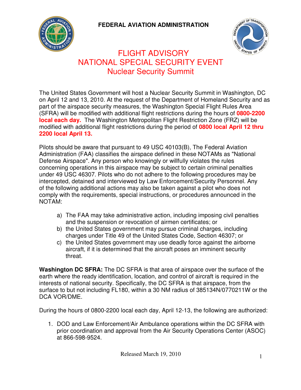 FLIGHT ADVISORY NATIONAL SPECIAL SECURITY EVENT Nuclear Security Summit