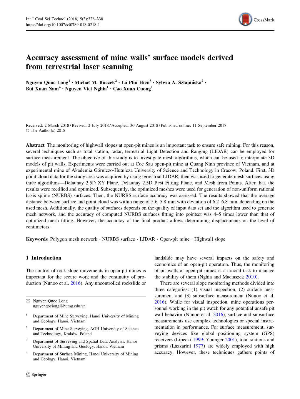 Accuracy Assessment of Mine Walls' Surface Models Derived From