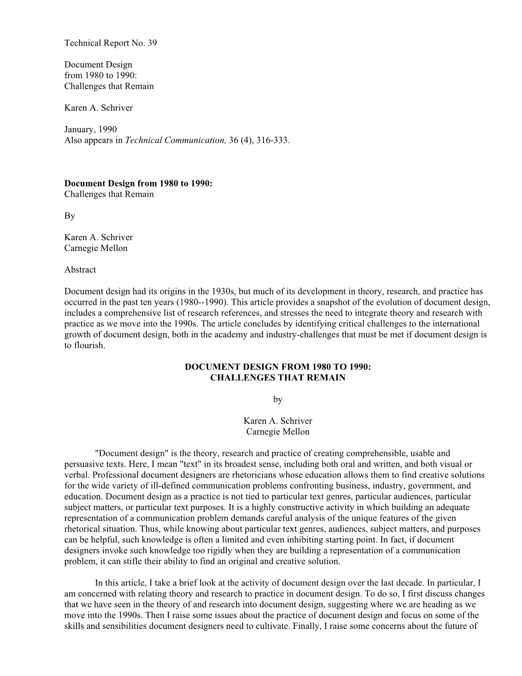 Technical Report No. 39 Document Design from 1980 to 1990