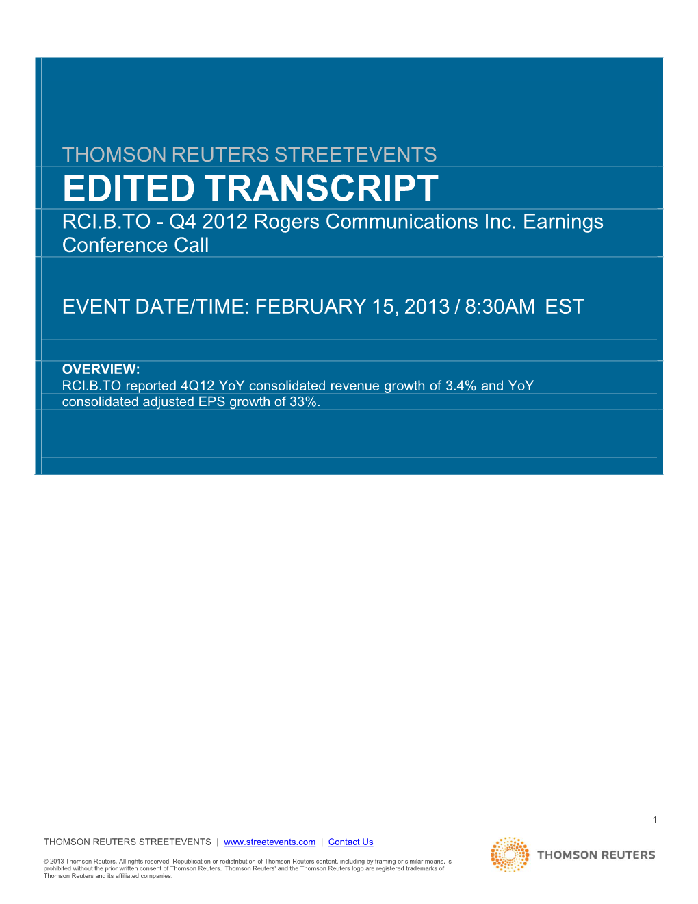 EDITED TRANSCRIPT RCI.B.TO - Q4 2012 Rogers Communications Inc