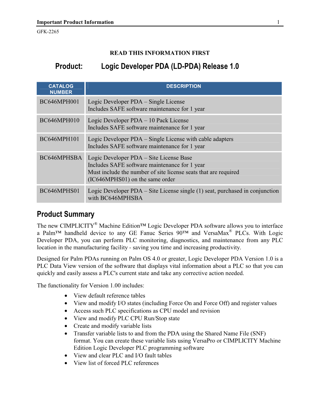 Logic Developer PDA Software, V1.0 IPI, GFK-2265