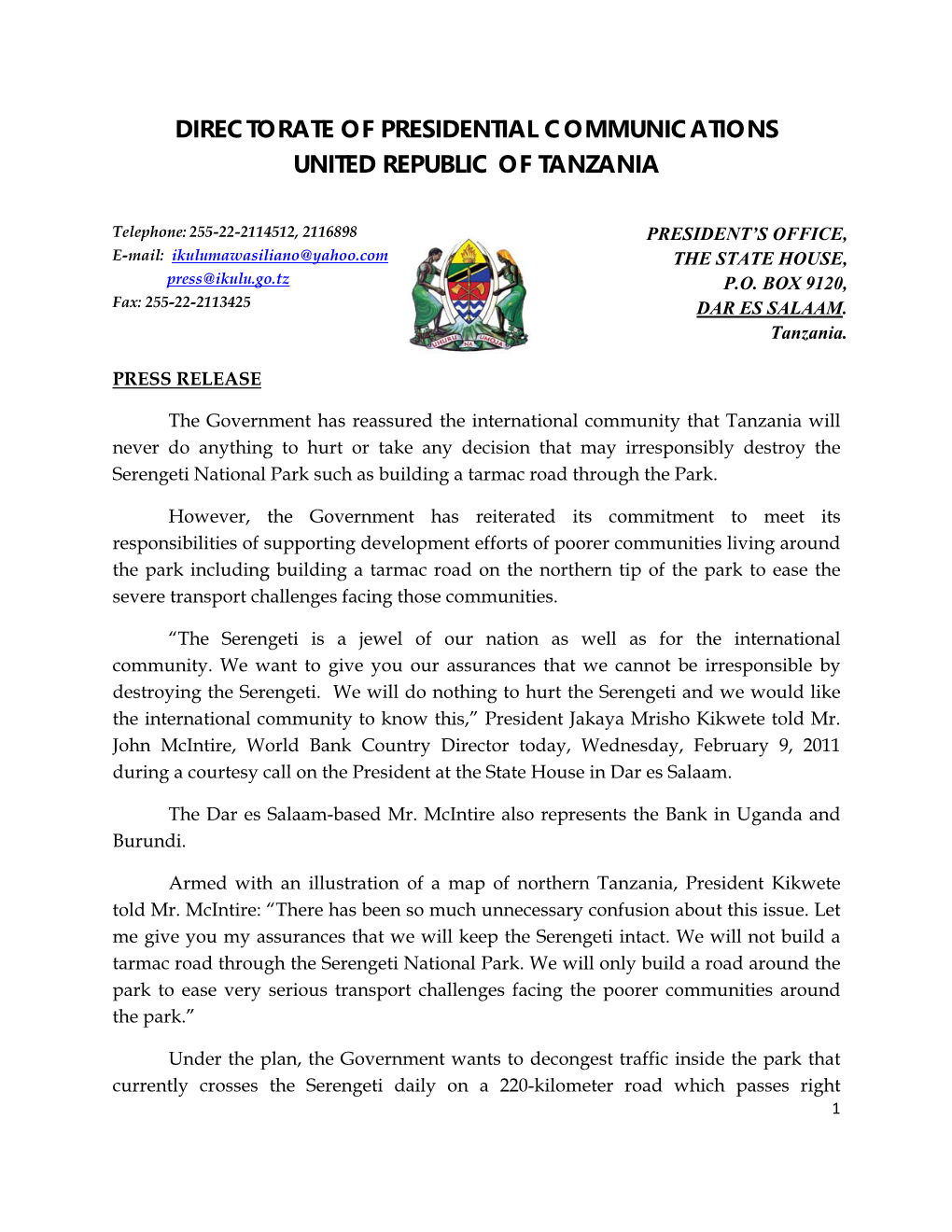 Directorate of Presidential Communications United Republic of Tanzania