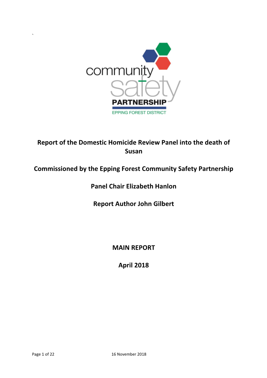 Report of the Domestic Homicide Review Panel Into the Death of Susan