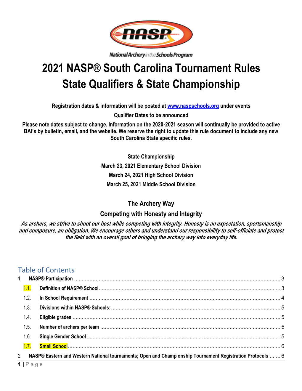 2021 NASP® South Carolina Tournament Rules State Qualifiers & State Championship