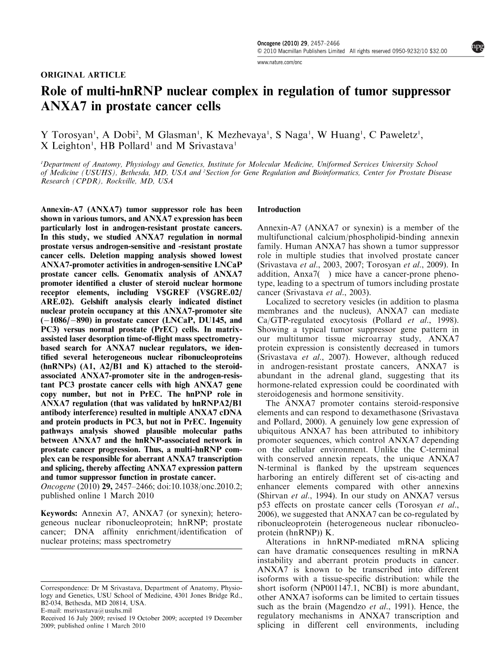 Role of Multi-Hnrnp Nuclear Complex in Regulation of Tumor Suppressor ANXA7 in Prostate Cancer Cells