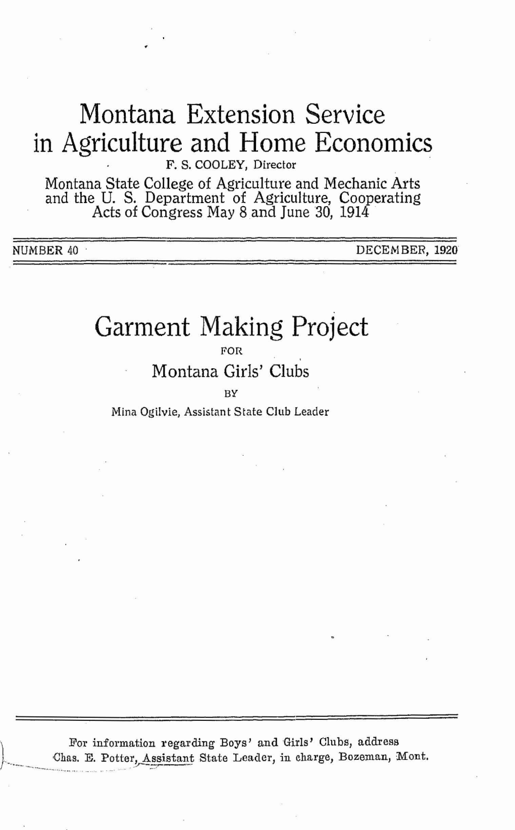 Montana Extension Service in Agriculture and Home Economics Garment Making Project