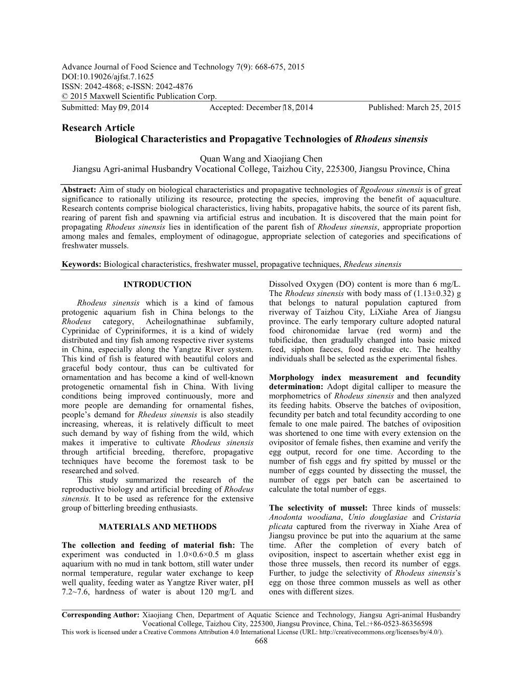 Research Article Biological Characteristics and Propagative Technologies of Rhodeus Sinensis