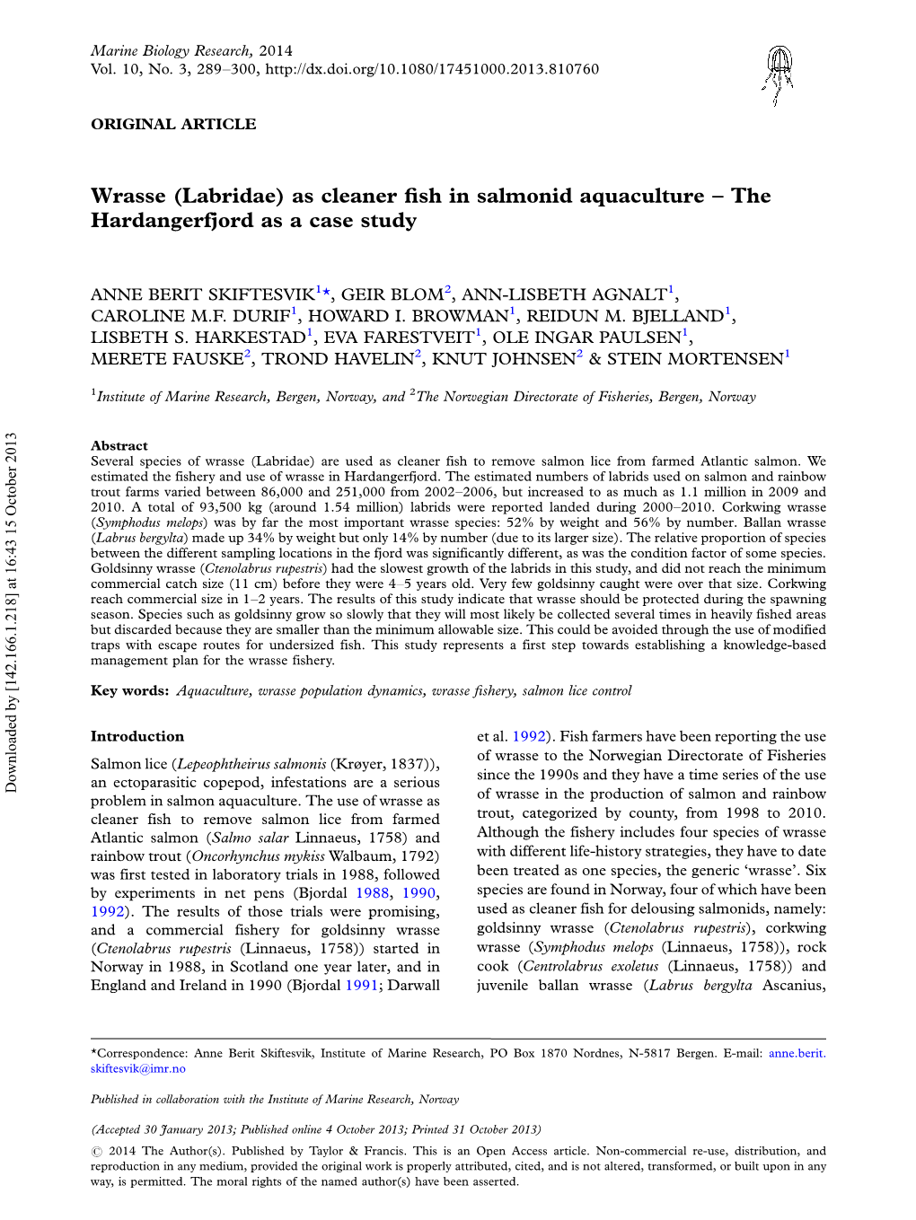 Wrasse (Labridae) As Cleaner ﬁsh in Salmonid Aquaculture the Hardangerfjord As a Case Study 