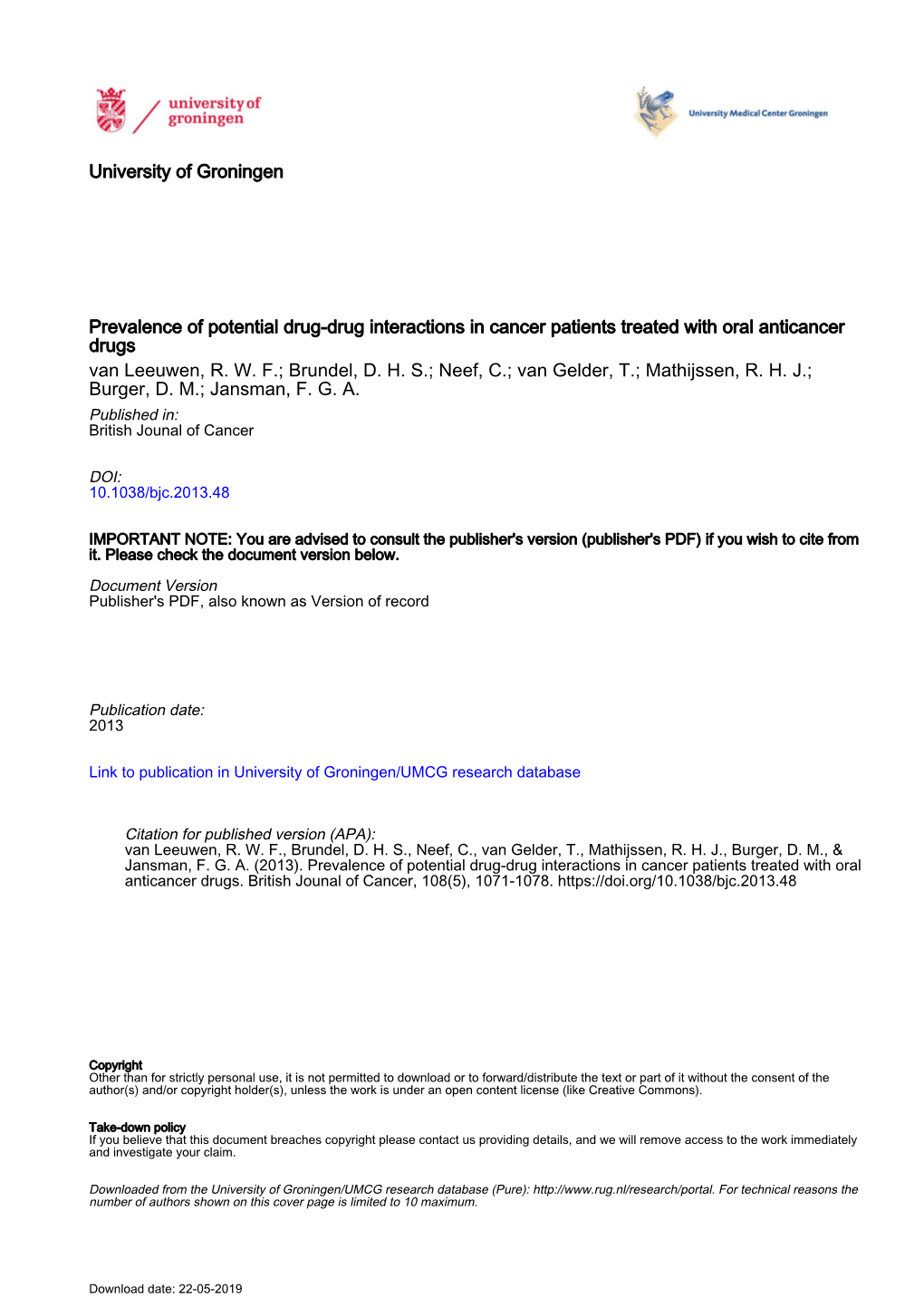 Drug Interactions in Cancer Patients Treated with Oral Anticancer Drugs Van Leeuwen, R