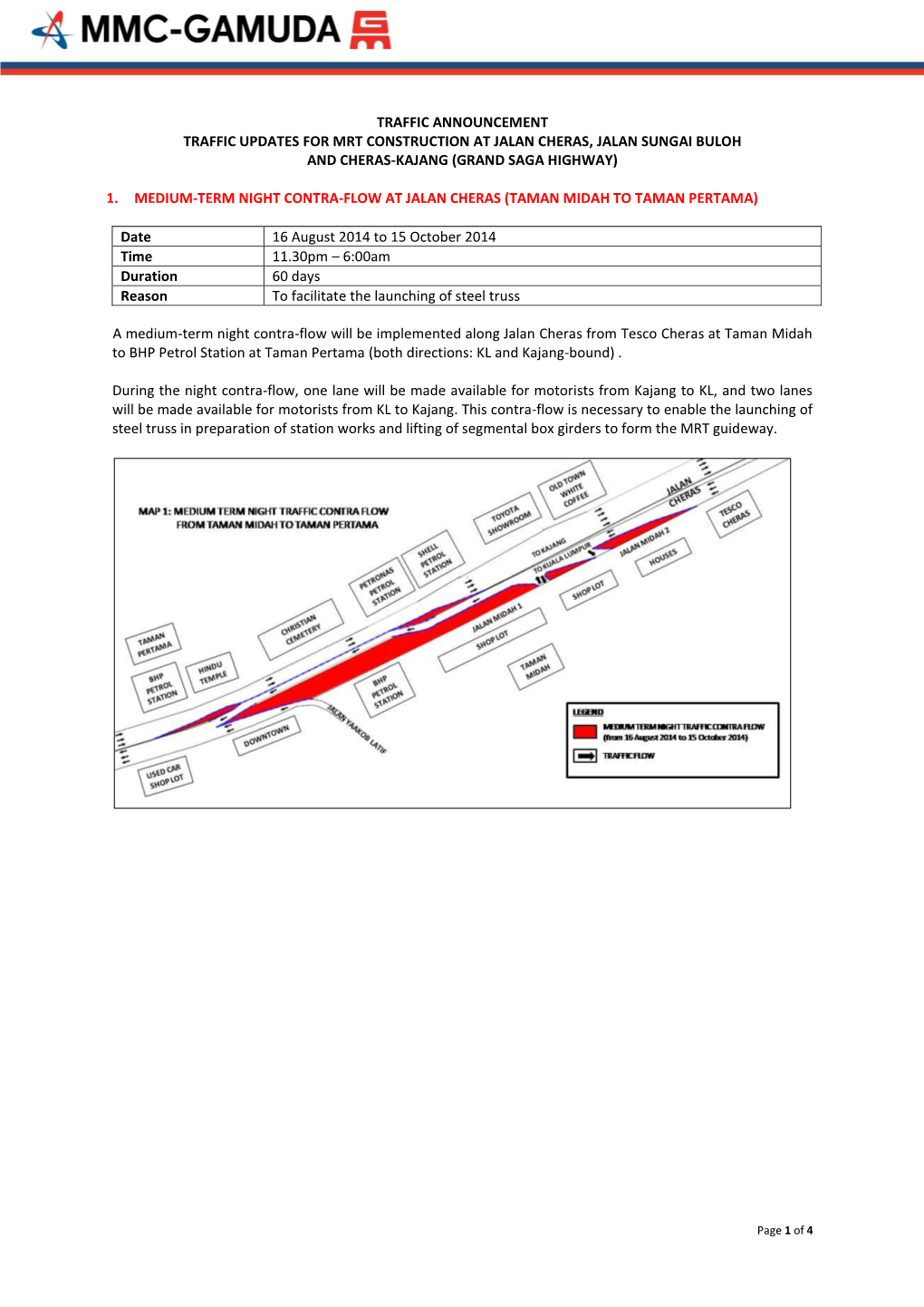 Traffic Announcement Traffic Updates for Mrt Construction at Jalan Cheras, Jalan Sungai Buloh and Cheras-Kajang (Grand Saga Highway)