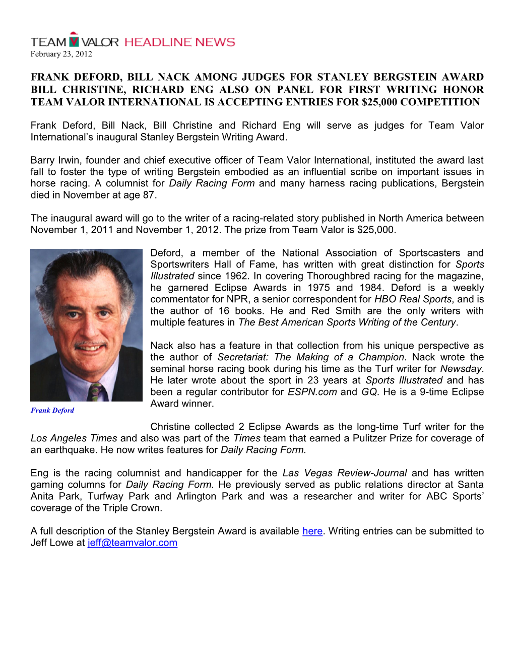 Frank Deford, Bill Nack Among Judges for Stanley Bergstein Award