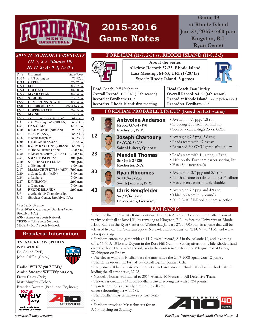 Game 19 at Rhode Island Jan. 27, 2016 • 7:00 P.M. Kingston, R.I. Ryan Center 2015-16 SCHEDULE/RESULTS FORDHAM (11-7, 2-5) Vs