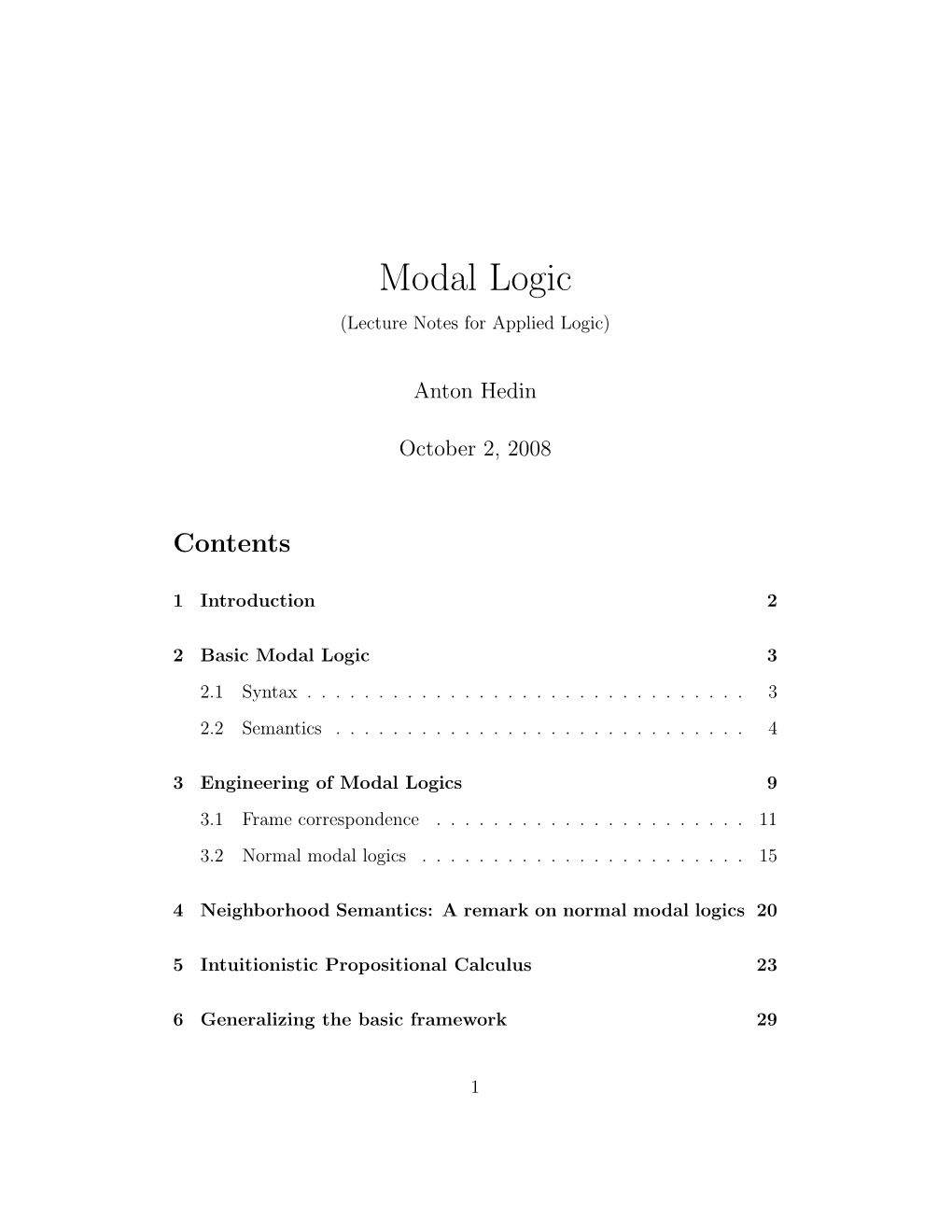 Modal Logic (Lecture Notes for Applied Logic)