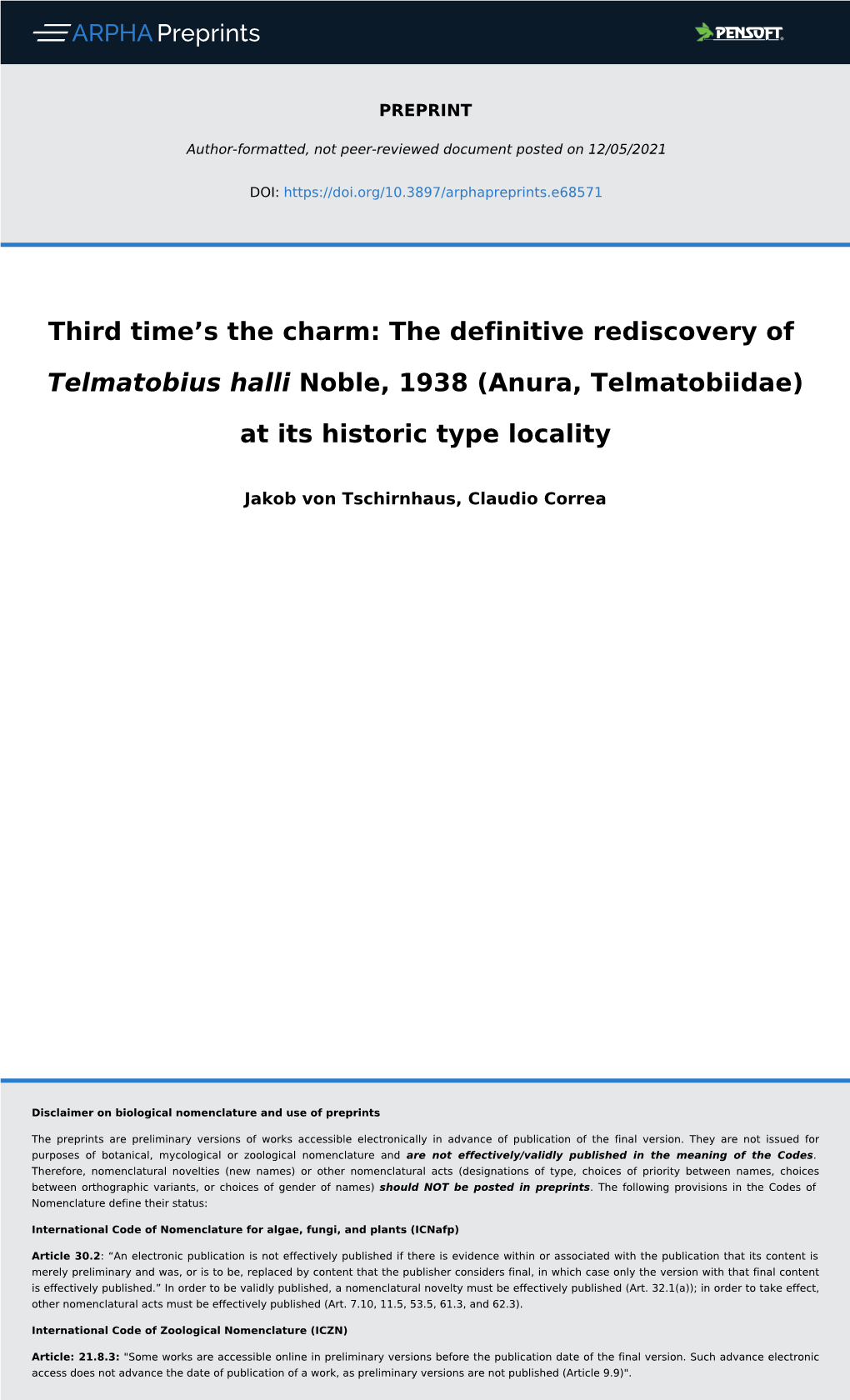 The Definitive Rediscovery of Telmatobius Halli Noble, 1938 (Anura, Telmatobiidae) at Its Historic Type Locality