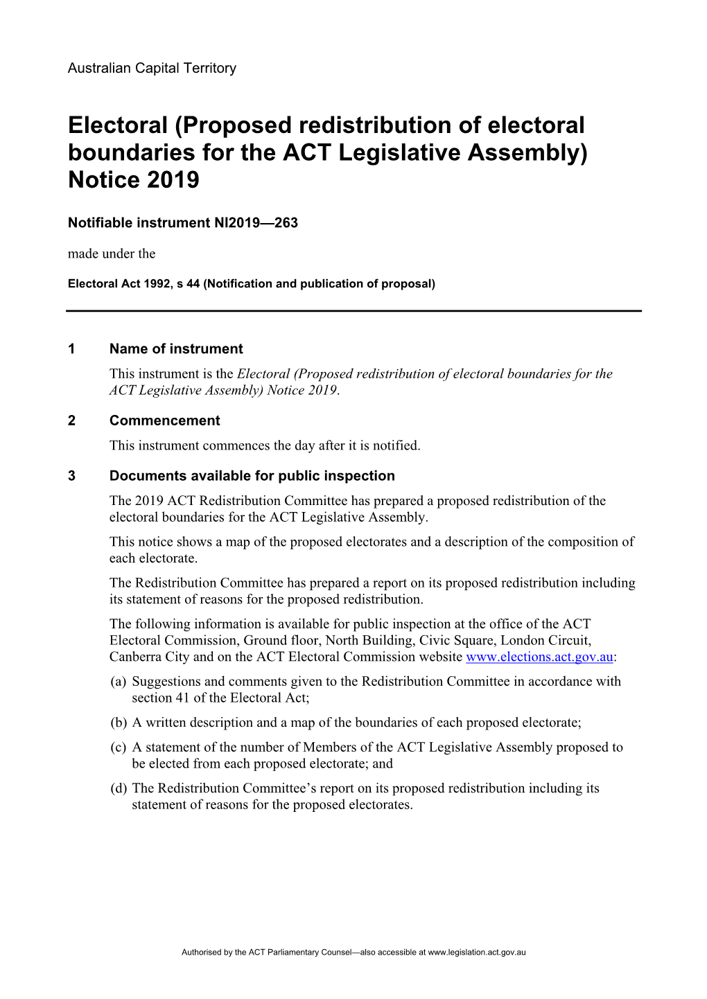 (Proposed Redistribution of Electoral Boundaries for the ACT Legislative Assembly) Notice 2019