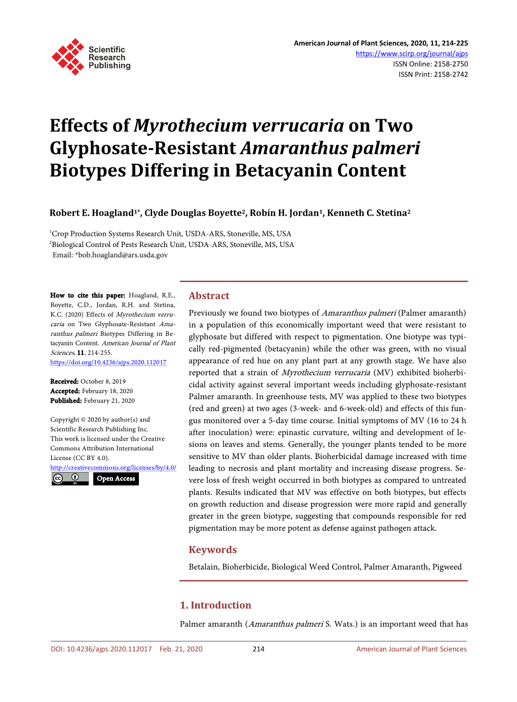 Effects of Myrothecium Verrucaria on Two Glyphosate-Resistant Amaranthus Palmeri Biotypes Differing in Betacyanin Content