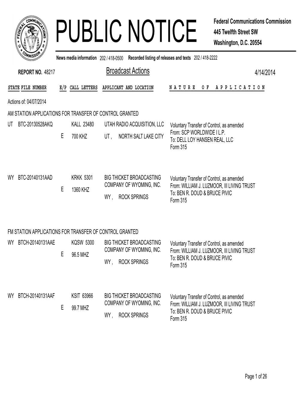 Broadcast Actions 4/14/2014