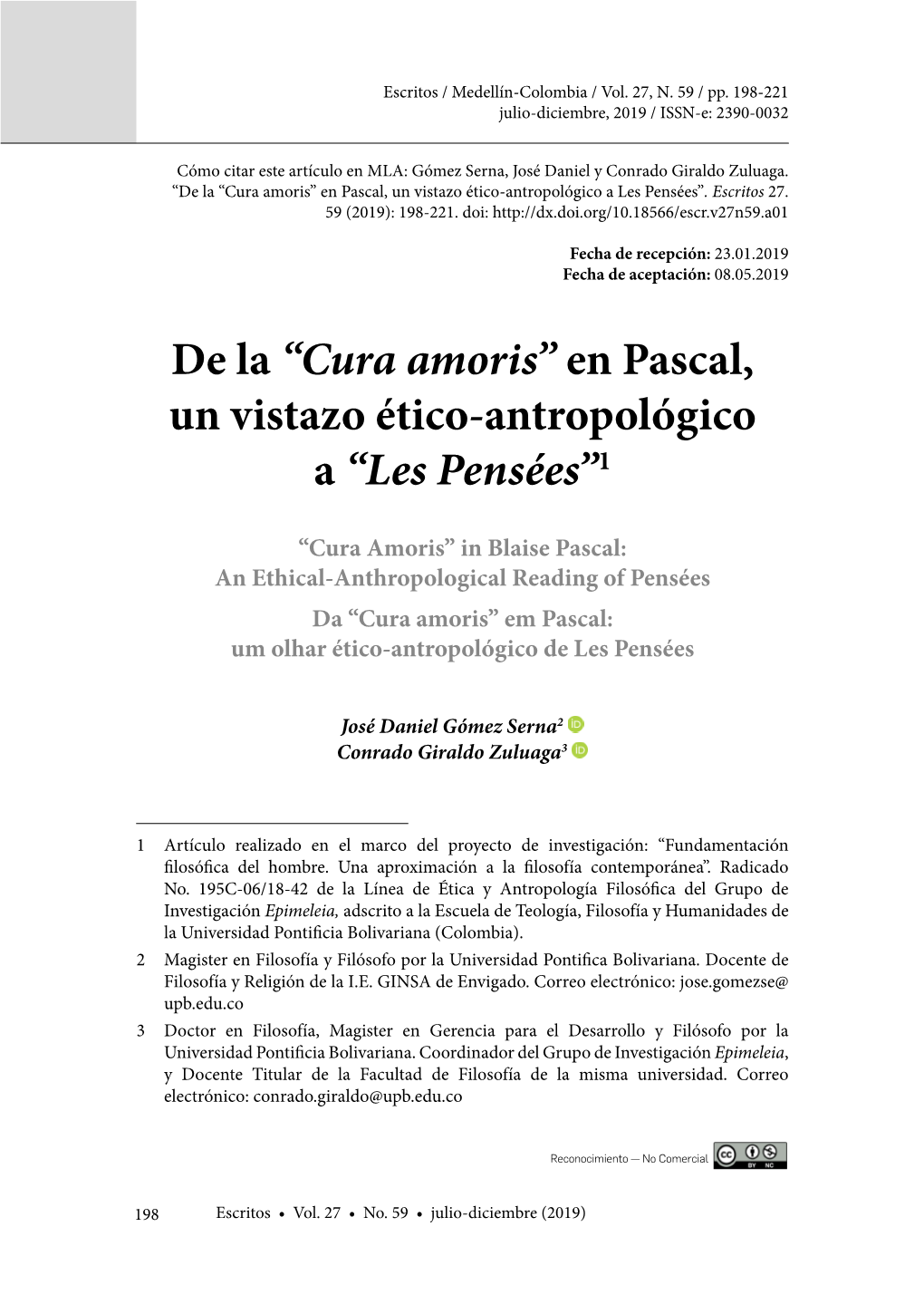 De La “Cura Amoris” En Pascal, Un Vistazo Ético-Antropológico a Les Pensées”