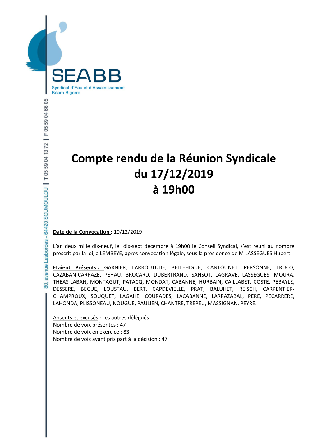 Compte Rendu De La Réunion Syndicale Du 17/12/2019 À 19H00