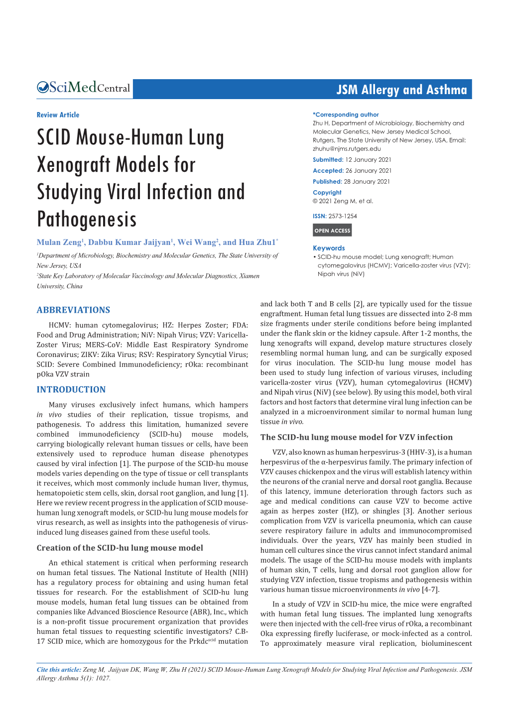 SCID Mouse-Human Lung Xenograft Models for Studying Viral Infection and Pathogenesis