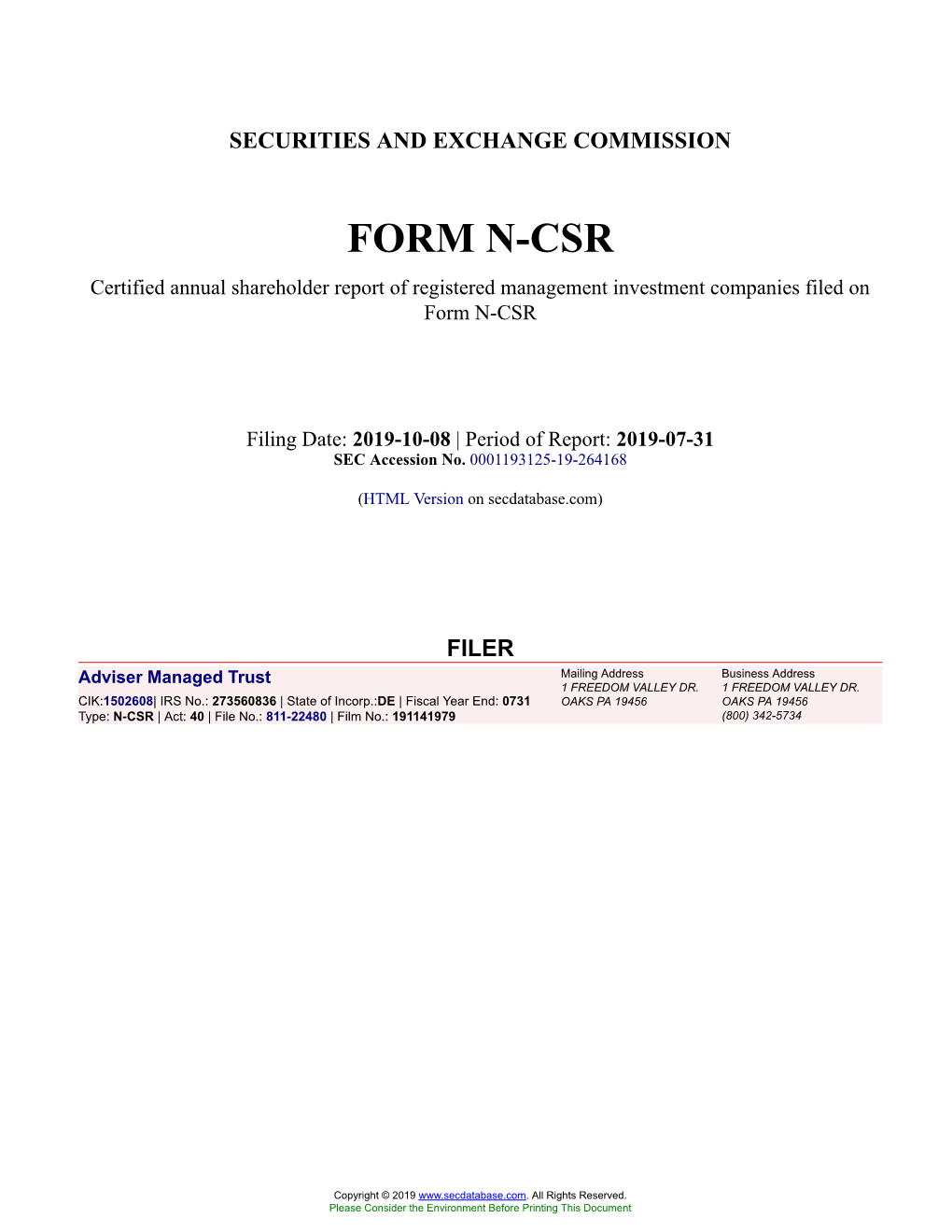 Adviser Managed Trust Form N-CSR Filed 2019-10-08