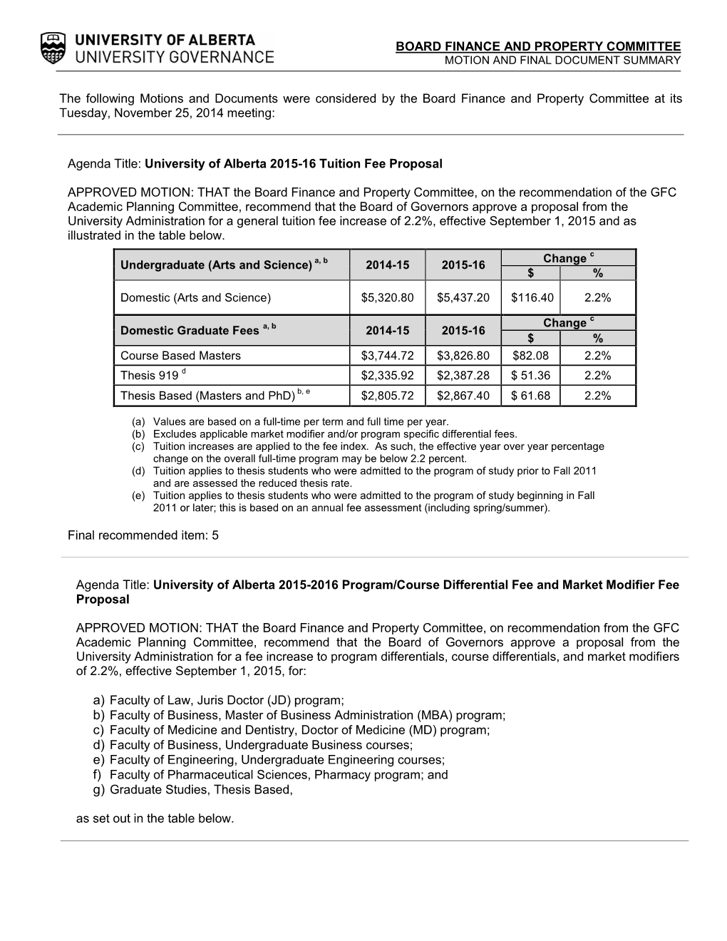 Board Finance and Property Committee Motion and Final Document Summary