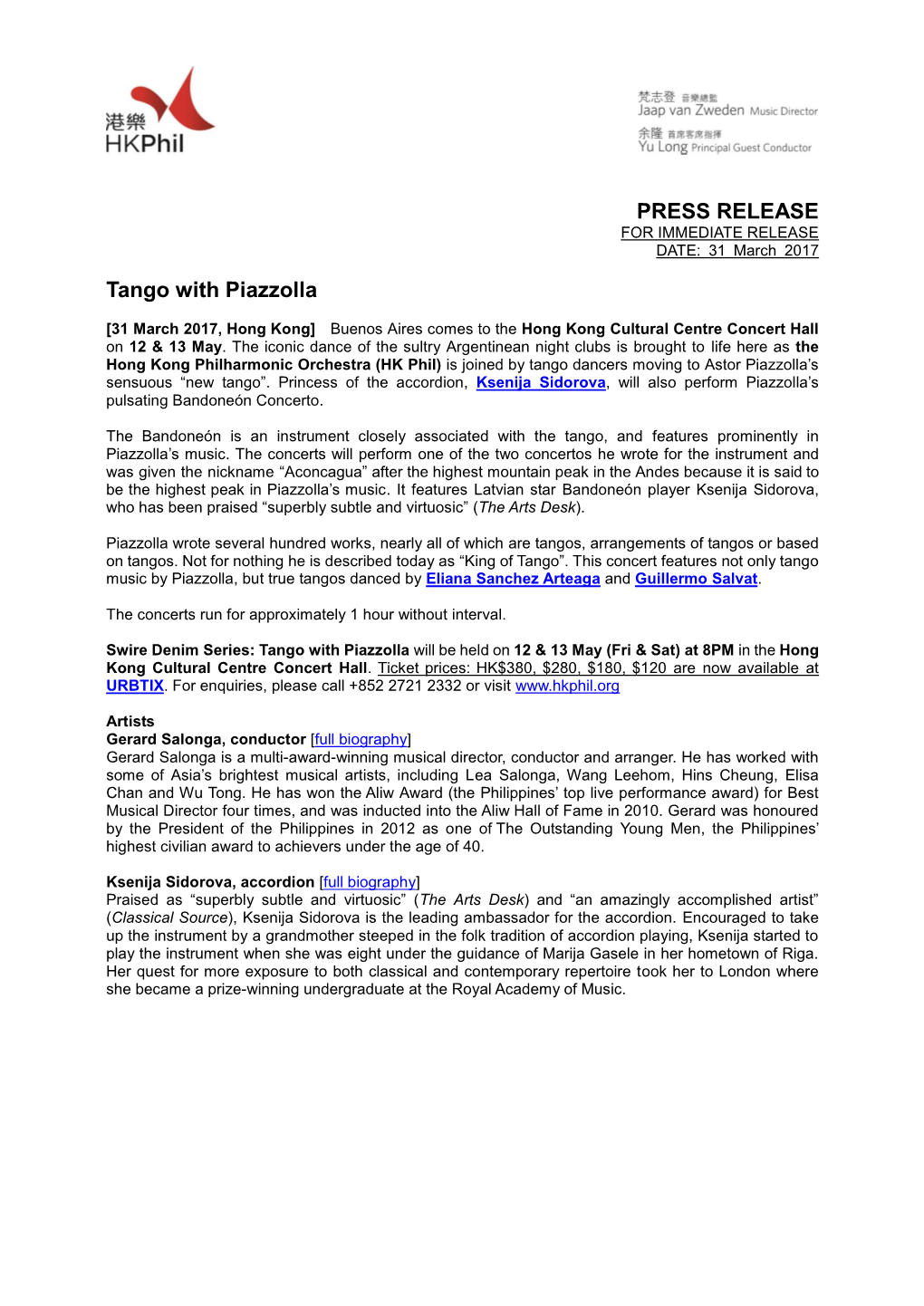 PRESS RELEASE Tango with Piazzolla