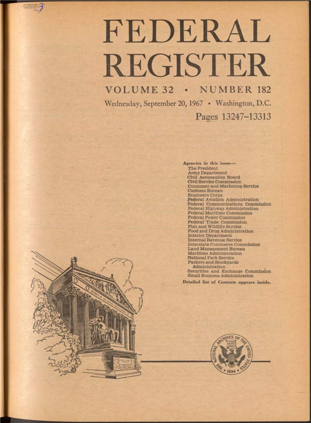 FEDERAL REGISTER VOLUME 32 • NUMBER 182 Wednesday, September 20, 1967 • Washington, D.C
