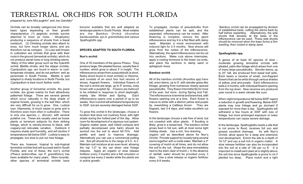 TERRESTRIAL ORCHIDS for SOUTH FLORIDA Prepared by John Mclaughlin* and Joe Garofalo*