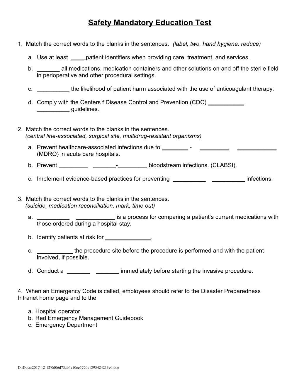 Safety Packet 2009 Answer Key