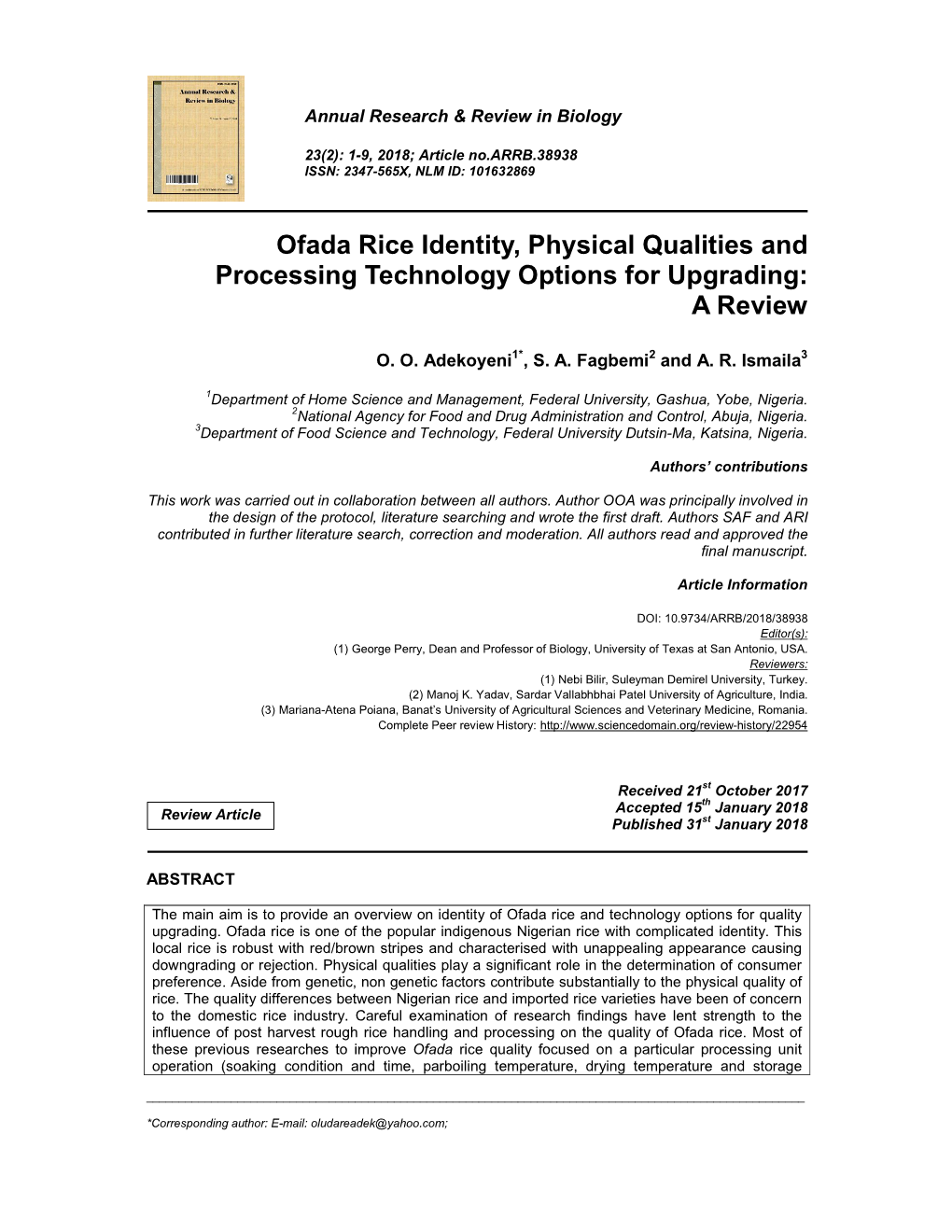 Ofada Rice Identity, Physical Qualities and Processing Technology Options for Upgrading: a Review