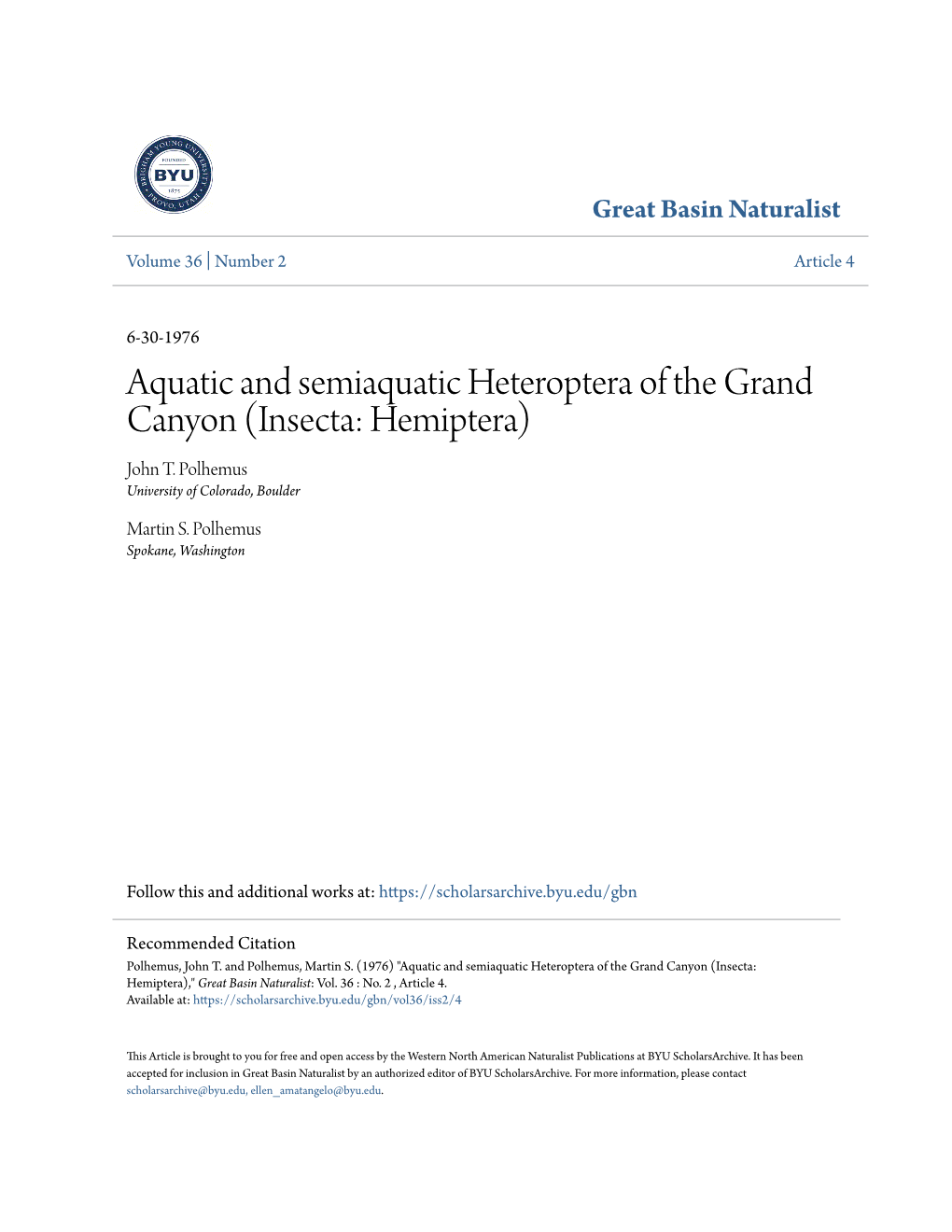 Aquatic and Semiaquatic Heteroptera of the Grand Canyon (Insecta: Hemiptera) John T