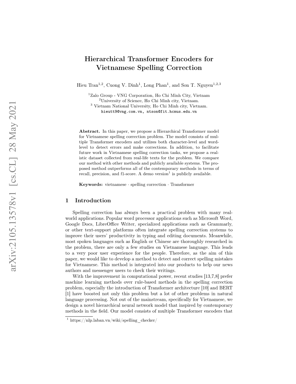 Hierarchical Transformer Encoders for Vietnamese Spelling Correction