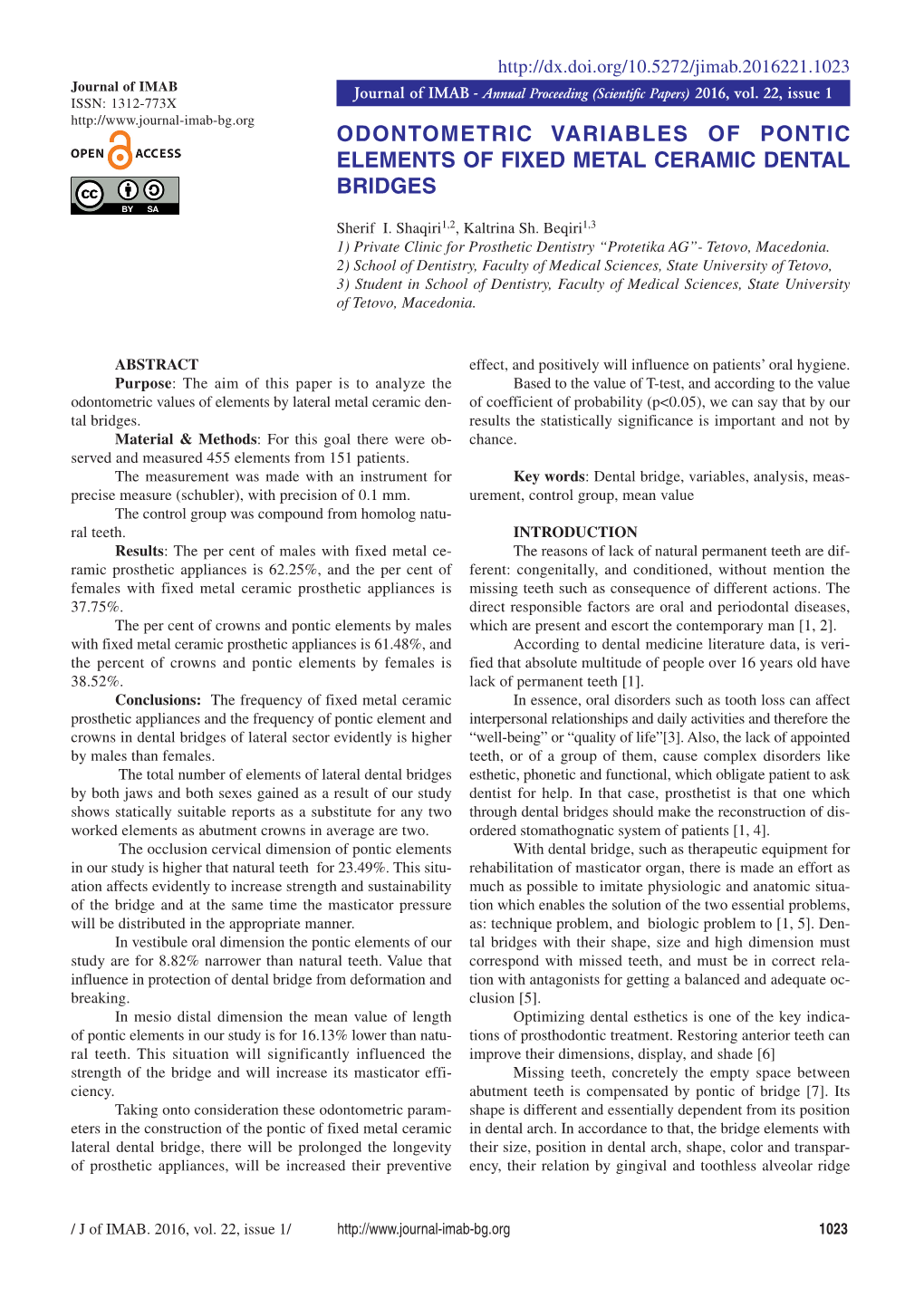 Odontometric Variables of Pontic Elements of Fixed Metal Ceramic Dental Bridges