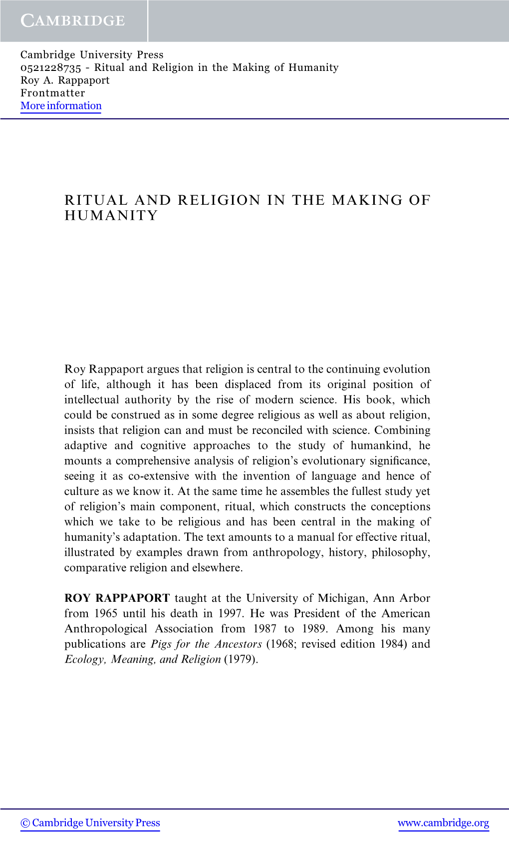 Ritual and Religion in the Making of Humanity Roy A