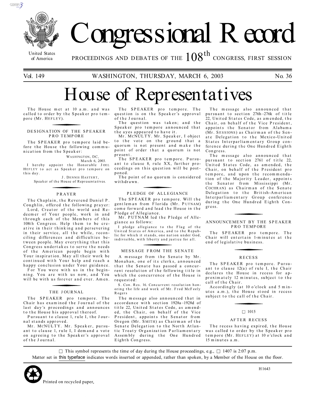 Congressional Record United States Th of America PROCEEDINGS and DEBATES of the 108 CONGRESS, FIRST SESSION