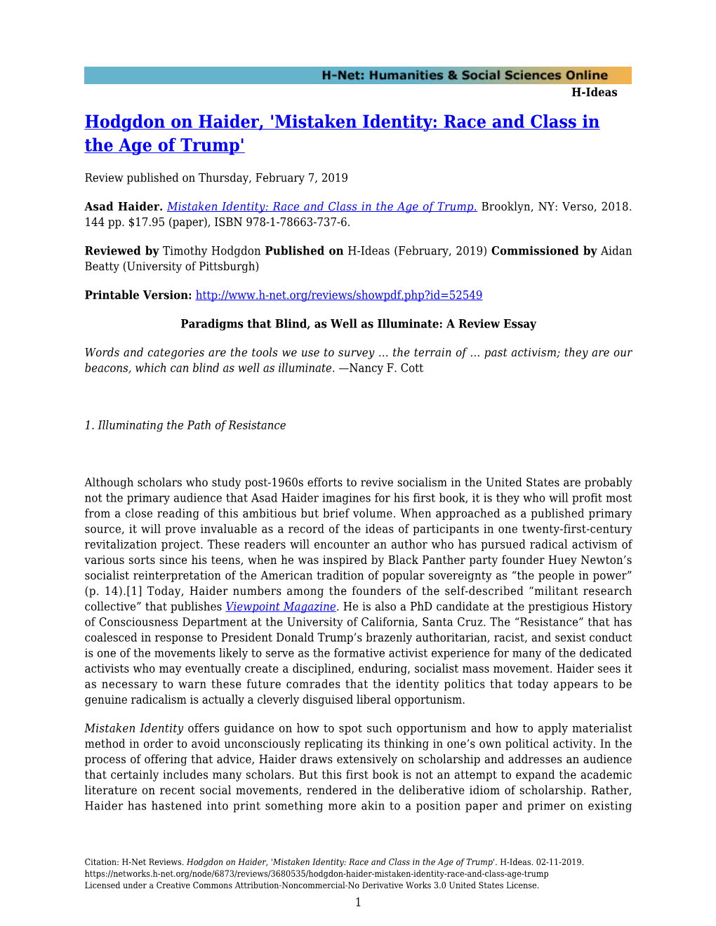 Hodgdon on Haider, 'Mistaken Identity: Race and Class in the Age of Trump'
