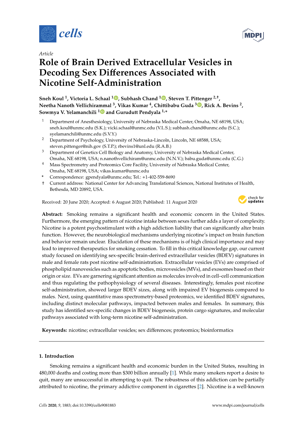 Role of Brain Derived Extracellular Vesicles in Decoding Sex Differences Associated with Nicotine Self-Administration