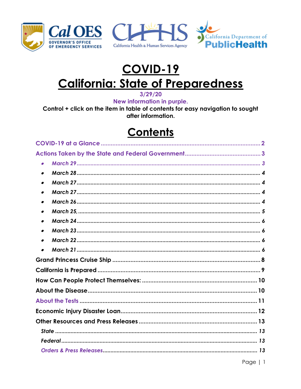 COVID-19 California: State of Preparedness 3/29/20 New Information in Purple