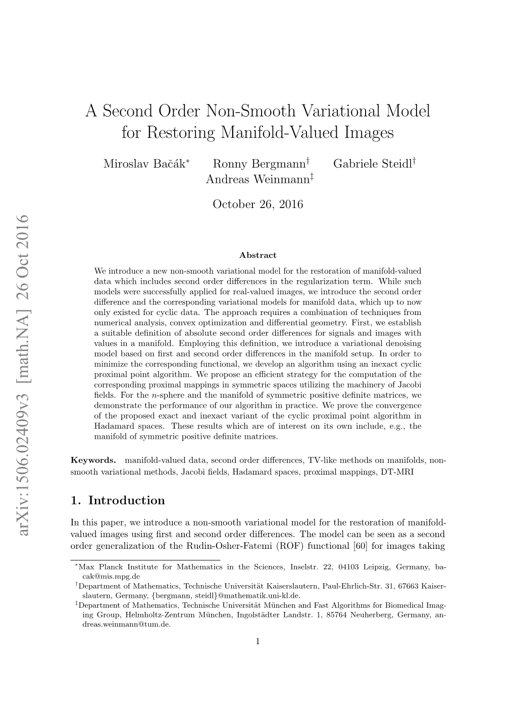 A Second Order Non-Smooth Variational Model for Restoring Manifold-Valued Images