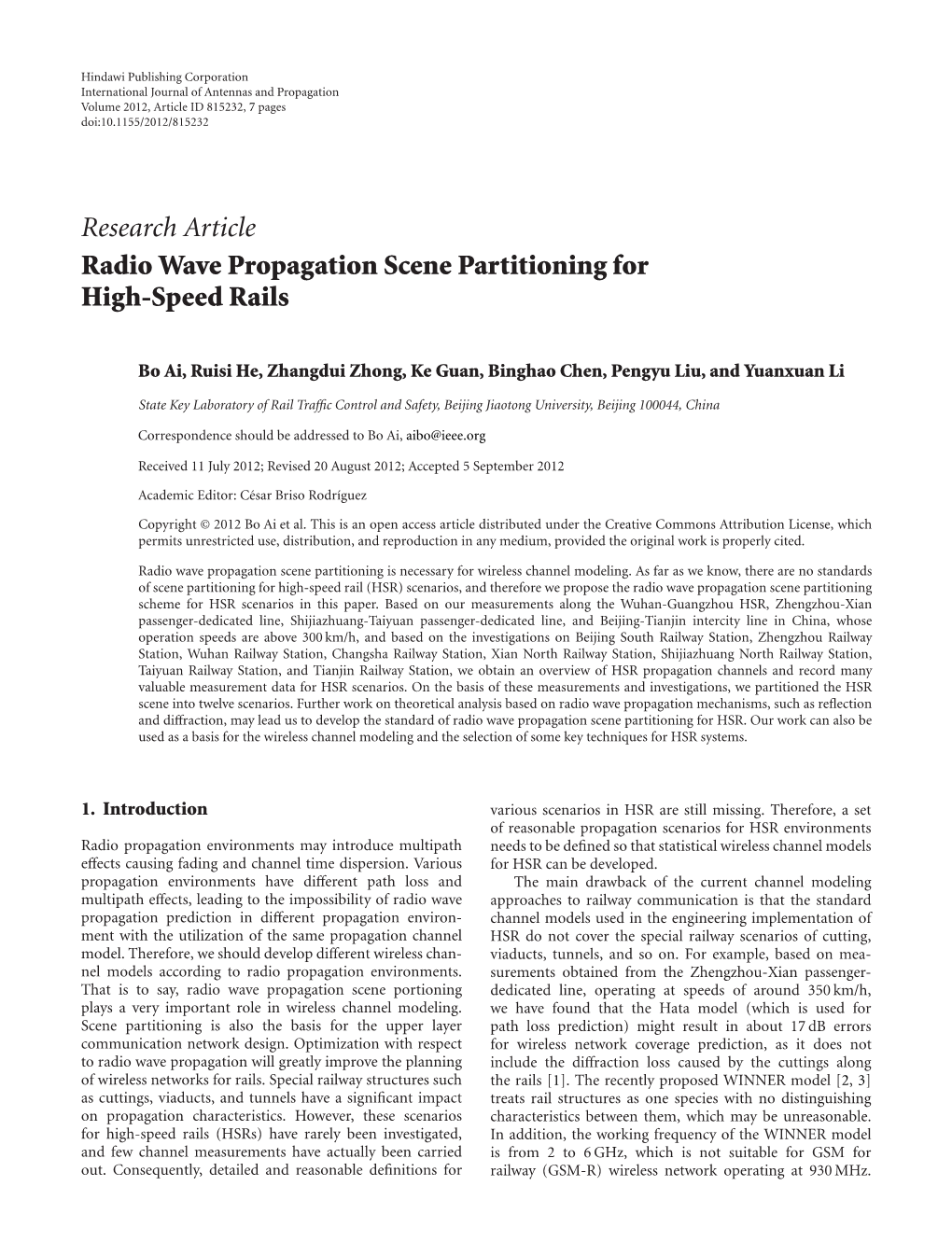Radio Wave Propagation Scene Partitioning for High-Speed Rails