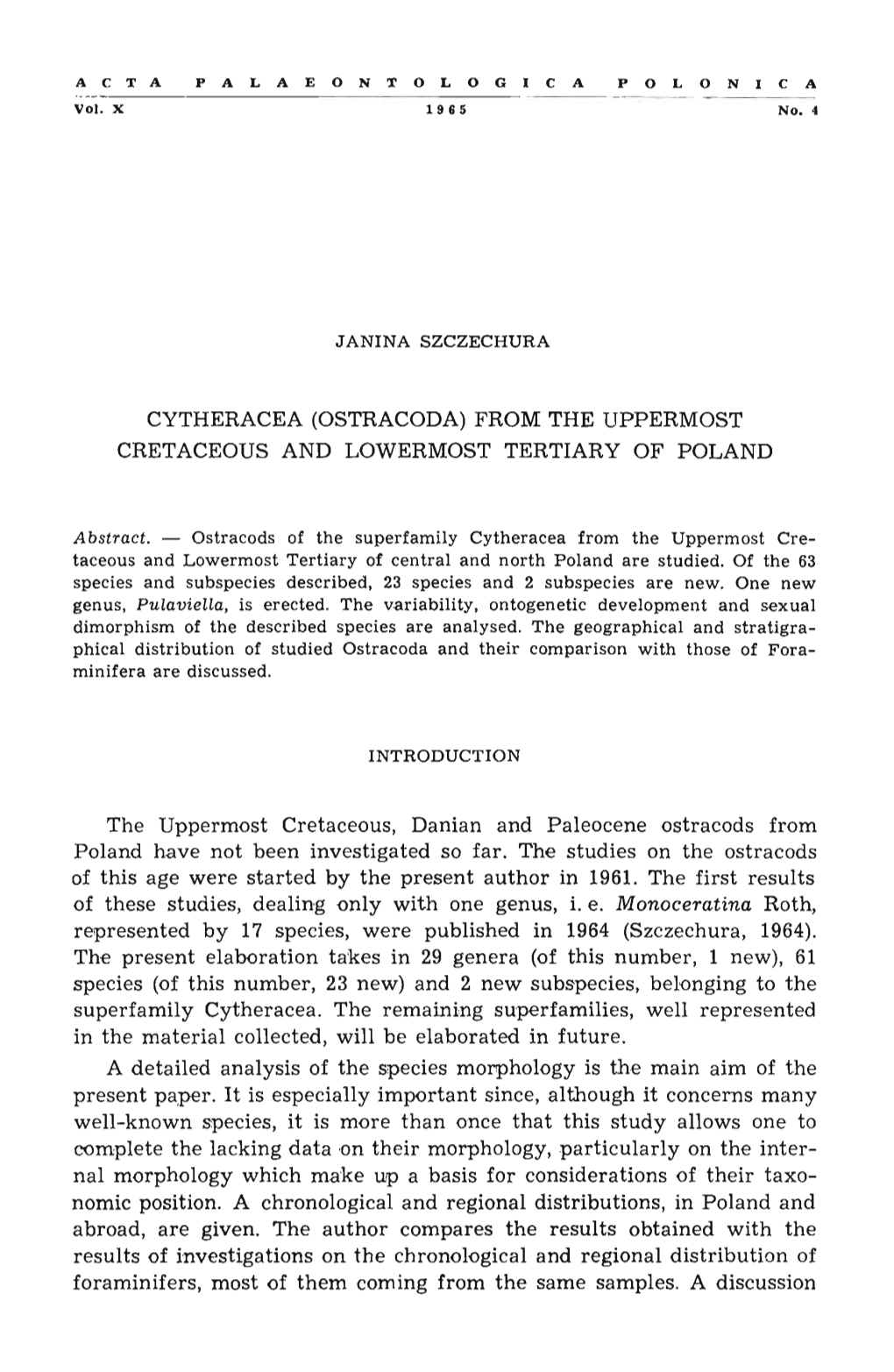 Cytheracea (Ostracoda) from the Uppermost ' Cretaceous and Lowermost Tertiary of Poland